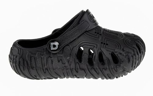 Black Midnight Mellowz clog with textured sole and unique cutout design, shown from the side.