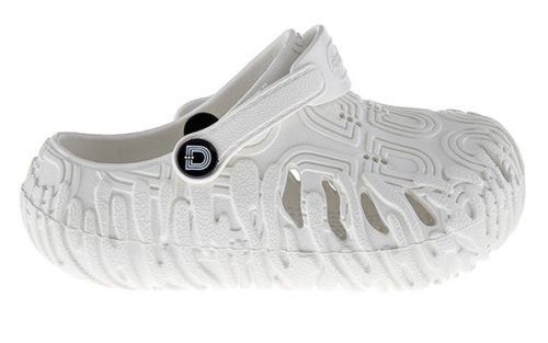 Creamy Mellowz slip-on clog in white with textured, wavy design and adjustable heel strap.
