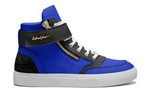 Amsterdam No. 21 high-top sneaker in blue with black and gold accents, side zipper, and white sole.