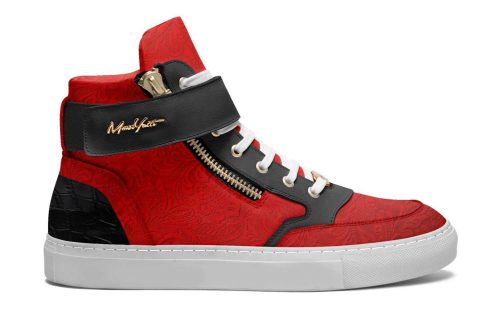 Red and black Amsterdam Forty high-top sneaker with white sole, side zipper, and gold signature detail.