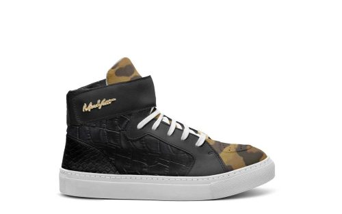 Amsterdam Kids high-top sneaker with camouflage and black textured panels, white sole, and signature on collar.