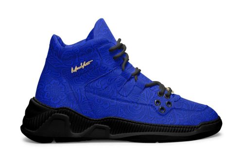 Bayview 009 sneaker in bright blue with black sole and gold logo, displayed on a white background.