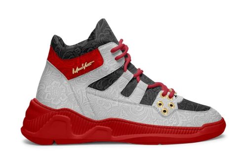 Bay Return 033 sneaker in white and black with red accents, gold eyelet, and embossed pattern on product page.