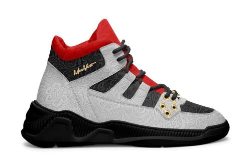 Bantry Bay Model 036 sneaker with white and black patterned upper, red accents, and gold detailing.