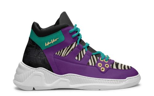 Bantry Bay Model P016 sneaker in purple, black, and teal with zebra stripe accents and white sole.