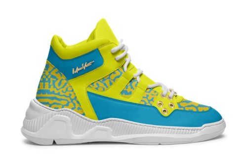 Bantry Bay Model P018 sneaker in yellow and blue with white sole, side view.