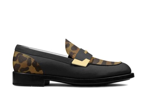 Black moccasin with leopard print accents and a gold buckle, displayed in profile for Sunset Panther Buckle Moccasin.