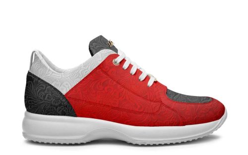 Everyday Corre 063 sneaker in red, white, and black with subtle embossed patterns, side view.