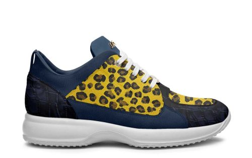 Relaxed Corre DRIPL501 sneaker with navy panels, yellow leopard print sides, and white sole.