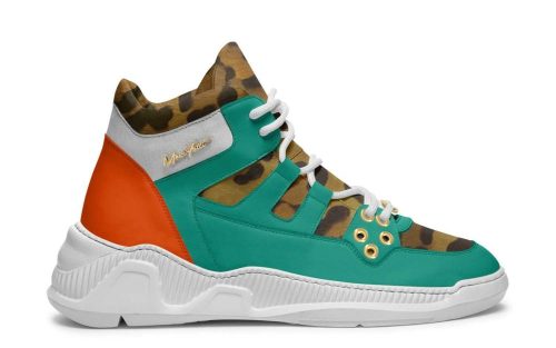 Drift203 Clifton sneaker with teal, orange, and camouflage pattern on a white sole, side view.