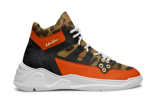 Clifton Drift 206 sneaker with orange, black, and camouflage pattern, white sole, and laces.