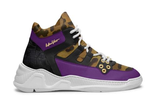 Clifton Glide 208 sneaker with leopard print, purple accents, white sole, and gold signature logo.
