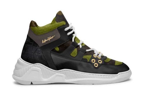 Clifton DRIFT212 sneaker in black and green with gold accents, white sole, and lace-up design.
