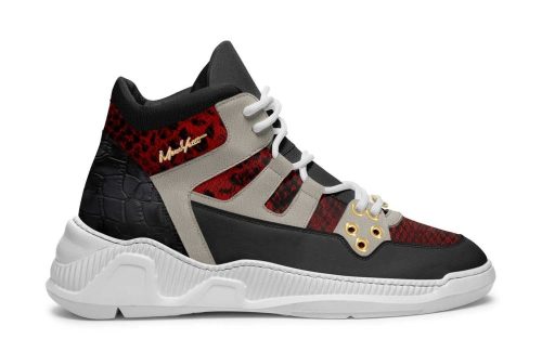 DRIFT215 Clifton sneaker in black, red, and white with gold accents and textured details on the product page.