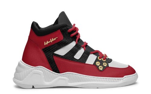 Clifton Glide221 high-top sneaker in red, black, and white with gold accents, side view.