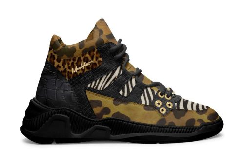 Drift505 Clifton sneaker with camouflage, zebra stripes, and black textured accents on a product display.