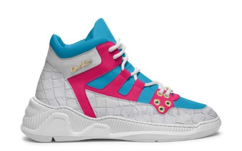 Clifton Drift Z01 sneaker in white, blue, and pink with textured pattern and chunky rubber sole.