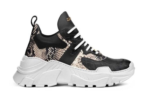 Combat H10 V2 sneaker with snake print upper, black accents, and thick white chunky sole.