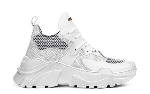 Battle P008 white chunky sneaker with mesh detailing and thick textured sole, side view.
