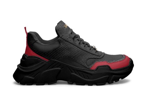 Battle P80 sneaker in black with red accents, chunky sole, and modern athletic design, side profile view.