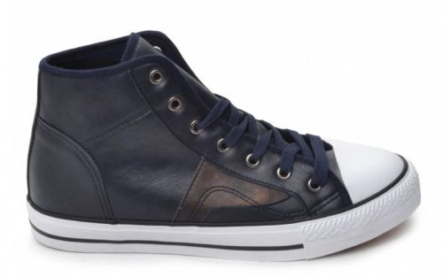 Vintage black leather high-top sneaker with white rubber toe and sole, displayed in a side profile.