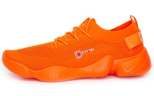 Bright orange athletic shoe with mesh upper and textured sole, featuring "Drip" logo on the side.