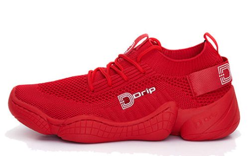 Crimson Likwidz sneaker in bright red with "Drip" branding, mesh upper, and chunky textured sole.