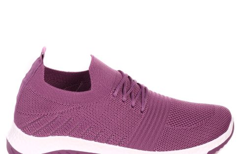 Purple low stretch running sneaker with a white sole, shown from the side on a plain background.