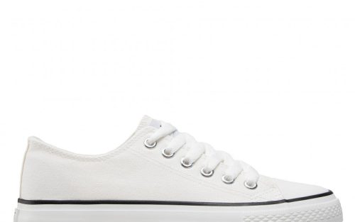 White canvas low-top sneaker with white laces, rubber sole, and subtle black stripe detail.