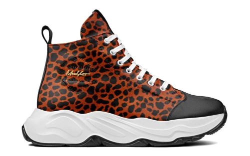 Maui Exclusive 017 sneaker with leopard print, white laces, and chunky white sole.