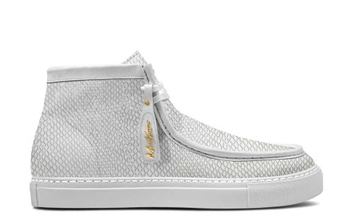 White Amalfi boots, mid-top style, with textured upper and tag, displayed on product page for Amalfi Mid 013.