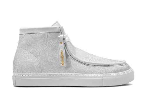 Amalfi loafer in white with embossed floral pattern, mid-top design, and Amalfi Mid 030 gold tag.