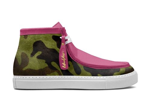 Amalfi Mid 070 sneaker in pink and camouflage, amalfi shoes for sale, side view on white background.