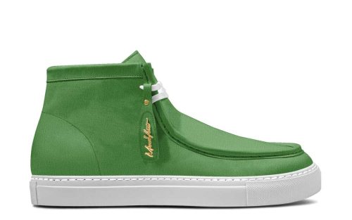 Green Amalfi brand shoes, Amalfi Mid Suede 014 style with white sole and gold logo tag, side view.