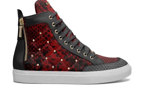Milanos boots Milano 500 Boot in red and black snakeskin pattern with gold zipper and stud details, white sole.