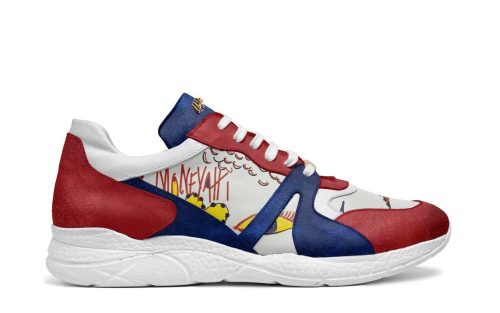 Buy Pole Position MP20 shoes featuring a vibrant red, blue, and white design with artistic comic-style graphics.