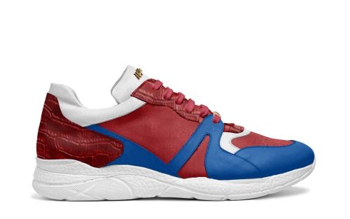 Side view of the Pole Position NEM P02 Race Pole sneaker in red, blue, and white colorway on a white background.