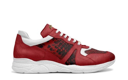 Red Velvet Pole Position sneaker in red and black with white sole, side view on white background.