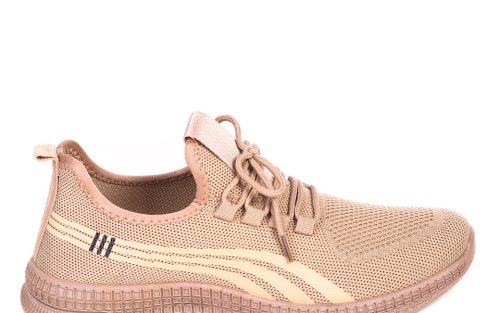 Side view of blush pink leather tennis shoe with laces, textured sole, and subtle stripe accent.