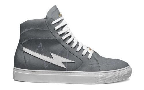 Grey Skater High 04 sneaker with white laces, lightning bolt design, and white rubber sole on a white background.