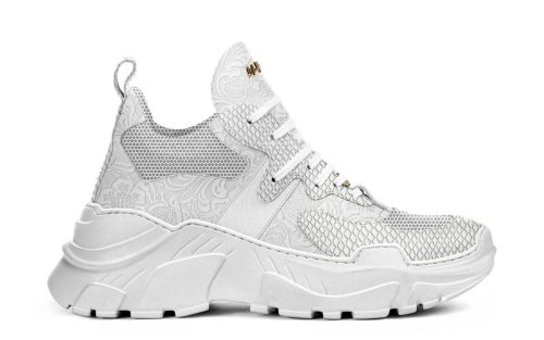 Stoke Sole Model 014 stoke shoes in white with textured sole and mesh detailing, side profile view.