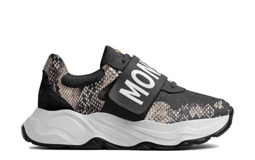 Anaconda Valle Runner sneaker with snake print design, chunky white sole, and bold MONCLER branding on strap.