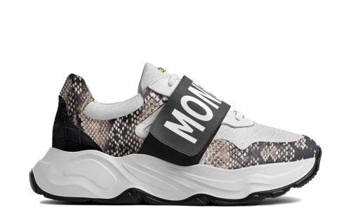 Anaconda shoes in grey with a chunky sole and snakeskin pattern, Valle Runner style, side profile view.