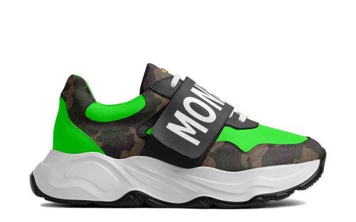 Buy Hi-Vis Camo II Runner by Valle, neon green and camo sneaker with bold MON label, side view.