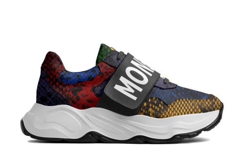 Valle Runner Peacock Serpent sneaker with multicolor snakeskin pattern and bold MON label on thick white sole.