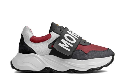 Ronin Runner sneaker in red, black, and white with bold logo strap and chunky sole on product page.