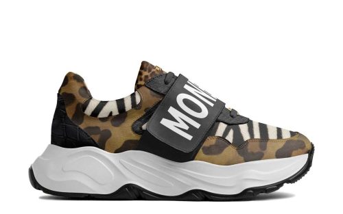 Savannah Valle Runner sneaker with leopard and zebra print, bold MONSE strap, chunky white sole.