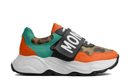 Teal sneakers mens style with leopard print, orange and black accents, chunky white sole, side MON tag.