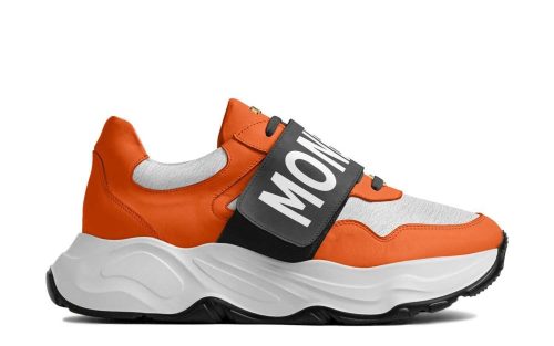Chunky sneaker with bold orange, white and black design; ideal for pairing with men orange track suit.