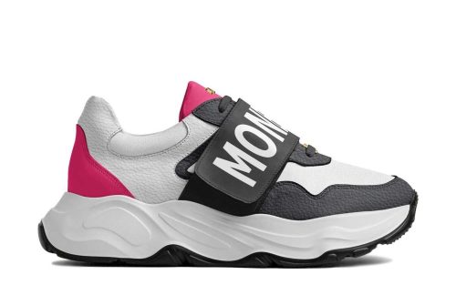 Valle Runner Blush Tumbled sneaker with white, black, and pink accents, chunky sole, and bold MONCLER strap.